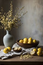 Still life scene of a simple wooden table with a vase of dried flowers, a few ceramic bowls, and