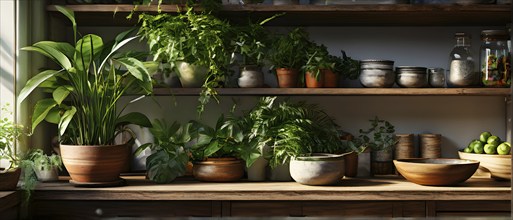 A sunlit kitchen corner, with a rustic wooden shelf holding neatly arranged ceramic bowls and a