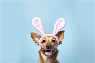 Cute dog with pink Easter bunny costume headband on blue background. KI generiert, generiert AI