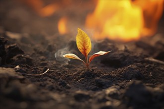 Small burning plant seedling with fire in background. Wildfire concept. KI generiert, generiert AI