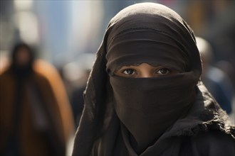 Muslim woman covering her face with burka in city. KI generiert, generiert AI generated