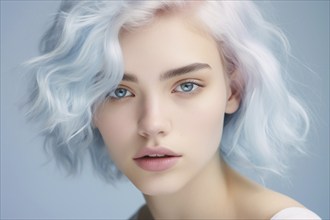 Beautiful pale young woman with pastel blue hair. KI generiert, generiert AI generated