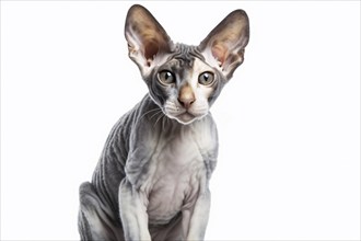 Cornish Rex cat on white studio background. KI generiert, generiert, AI generated