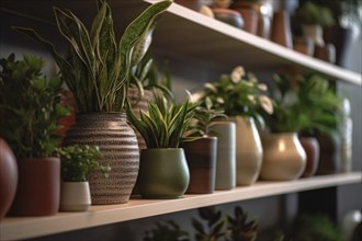 Shelves with houseplants in plant nursery shop. KI generiert, generiert, AI generated