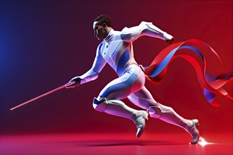 Abstract digital render a fencer morphing into fluid shapes, AI generated, Paris, Paris, Olympic