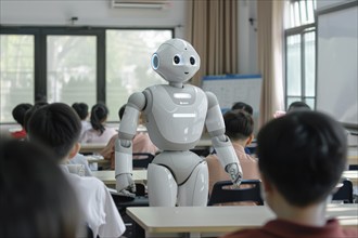 A robot teaches in a classroom, symbolising highly developed communication technology, AI