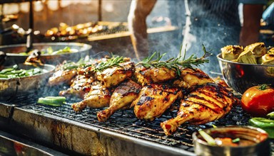 Food, grilled chicken pieces at a grill station, AI generated, AI generated