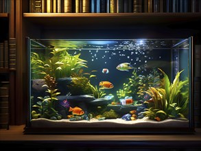 Home library corner with small nano aquarium nestled among bookshelves, AI generated