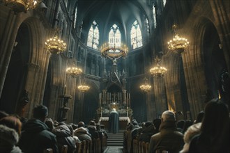 Pews full of Christian worshippers during a service in a historic Gothic church, a pastor preaches