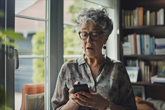 An elderly woman stands at the window in her living room and looks worried, frightened, unsettled