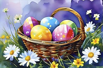 Illustration of of vibrant colored Easter eggs in a wicker basket, surrounded by delicate spring