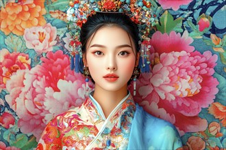 Beautiful Asian woman in front of a chimeric flower tapestry, AI generated