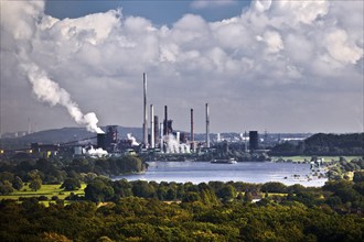 View from the Rheinpreussen spoil tip to Duisburg with ships on the Rhine and the Thyssen Krupp