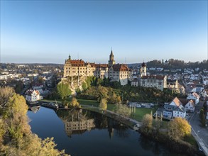 Aerial view of the town of Sigmaringen with the Hohenzollern Castle, a sight and tourist attraction