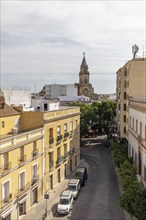 View of a street in the city with a large church in the background, Jerez