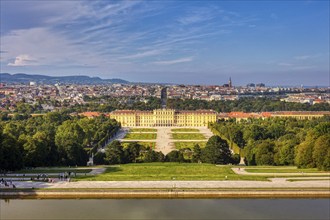 Expansive view from above of a castle and its gardens, surrounded by city land, Vienna