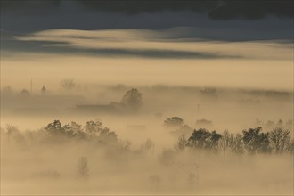 Foggy mood, fog, morning light, church tower, backlight, autumn, Loisach-Lake Kochel moor, view of