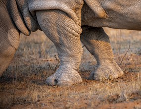 Southern white rhinoceros (Ceratotherium simum simum), legs of a rhino in the evening light,