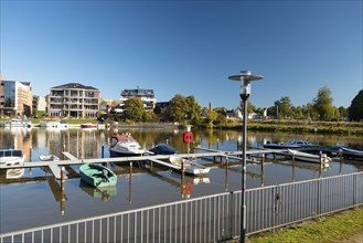 Leisure harbour, moorings, motorboats, Leer, East Frisia, Germany, Europe