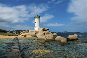 Lighthouse with beach and bizarre granite rocks, Spiaggia Porto Faro, Faro di Punta Palau, Palau,