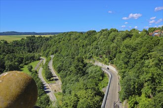 View from the Roman tower, surroundings of Haigerloch, streets, deciduous trees, Haigerloch,