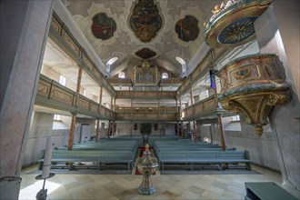 Interior with organ loft, organ built in 1783 by Elias Hößler, Protestant town church of St. Maria,