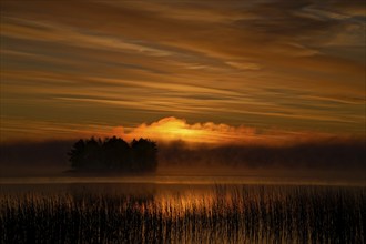 Lake, morning mood, intense red colouring in the sky and water, veil of mist over the water,