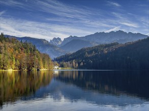 Autumn atmosphere at Hechtsee lake near Kufstein, behind Wilder Kaiser, Tyrol, Austria, Europe