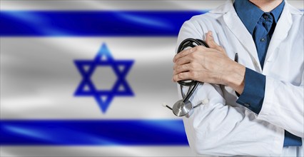 Doctor with stethoscope on Israel flag. Male Doctor holding stethoscope on Israeli flag