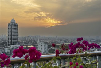 Panorama of the Bangkok skyline at sunset from the Grand China Princess in Chinatown, Thailand,