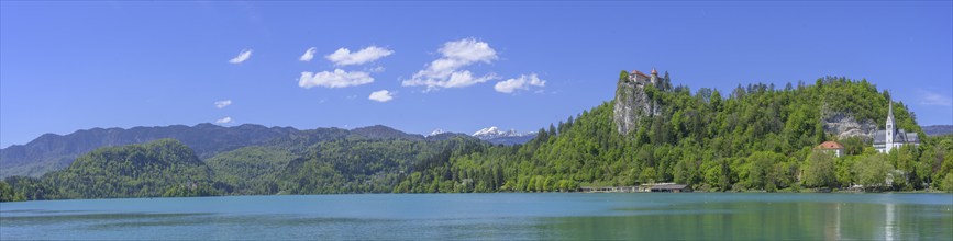 Panorama lake with castle and St Martina's Catholic Church, Bled, municipality of Bled, Slovenia,