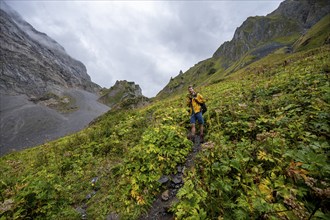 A mountaineer on a path surrounded by green vegetation and cloudy sky, hiking trail to