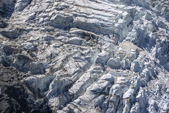 Glacier ice, rutted glacier with crevasses, Glacier de Taconnaz, Chamonix, Haute-Savoie, France,