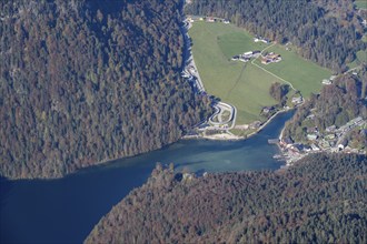 View of Königssee with the village of Schönau am Königsee and toboggan run, from the Jenner,