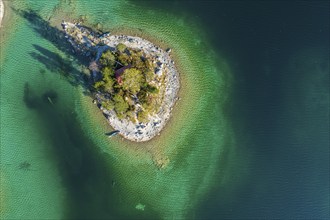 Aerial view of an island on a lake, summer, kayaks, Eibsee lake, Alpine foothills, Bavaria,