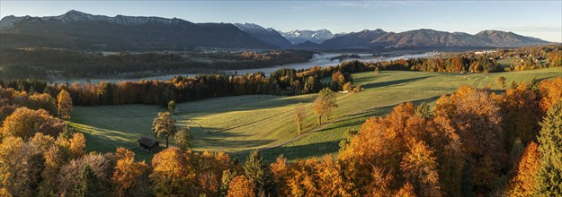 Aerial view of a mountain landscape in autumn, trees, morning light, panorama, view of Zugspitze