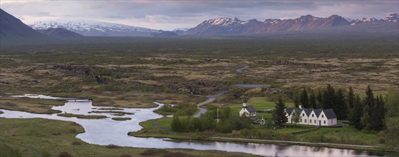 Church and historic houses, World Heritage Site Þingvellir or Thingvellir or Pingvellir, Rift