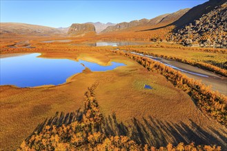 Lake, river, river delta, autumn colours, autumn, mountains, sunny, aerial view, Rapadalen, view of