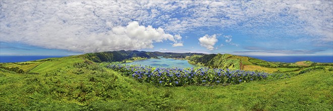 360° panorama of the Caldeira das Sete Cidades with the crater lake Lagoa Azul and blue horternsia