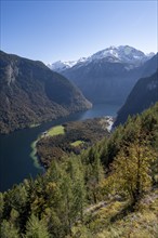 View of the Königssee from the Rinnkendlsteig mountain hiking trail, autumnal forest and