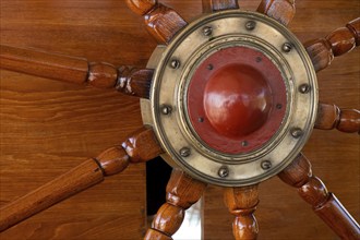 Steering wheel, detail, steel four-masted barque Pommern, windjammer with jubilee rig, Maritime