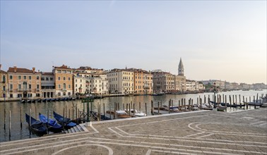 Motorboats and gondolas on the Grand Canal in the morning light, Campanile in the background,