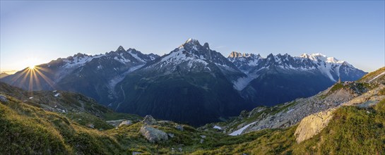 Panorama, morning atmosphere with sun star, Mountain landscape at sunrise, Mountain peak, Aiguille