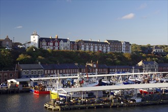 Harbour at sunset with boats, houses on a hill and water in the foreground, fishing boats,