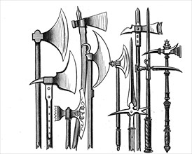 Various battle axes from the 11th century to the 16th century, illustration from 1880, historical,