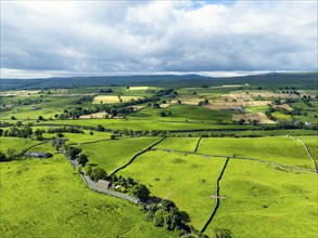 Farms and Fields over Yorkshire Dales National Park from a dron, North Yorkshire, England, United