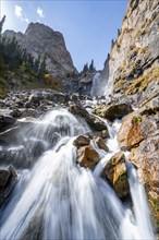 Barskon or Barskoon waterfall, mountain landscape with waterfall in a mountain valley, Jeti-Ögüz,