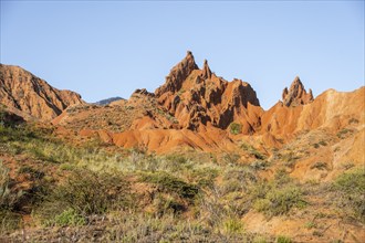 Red rocks, canyon of eroded sandstone formations, red and orange sandstone rocks, fairytale gorge,