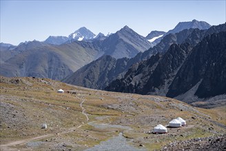 Yurts in the high valley, Keldike Valley on the way to the Ala Kul Pass, Tien Shan Mountains,