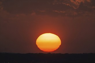 Dawn, sunrise on the horizon. Landscape with clouds near Frankfurt am Main, Hesse, Germany, Europe